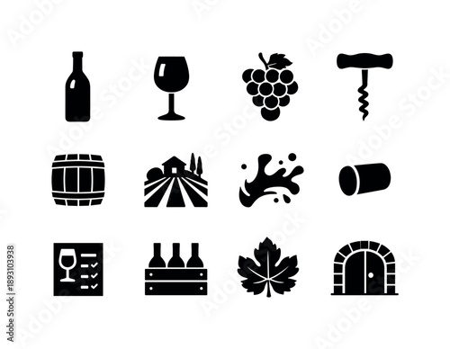 Wine Icons Collection. Wine. Solid icon set of wine: wine bottle, wine glass, grape cluster, corkscrew, wine barrel, vineyard row, wine splash, cork, tasting