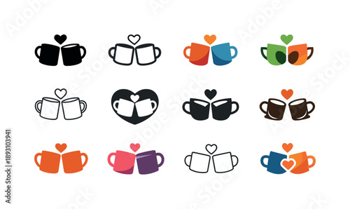 Friendship Logo Variations. friendship. Icon set. Set Logo of friendship: shared coffee mugs. harmonious logo variations of the same emblematic concept, each
