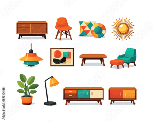 Retro Decor Icons. Retro Home Decor. Colorful flat vector icons set of Retro Home Decor: teak furniture, Eames chair, geometric cushions, sunburst mirror,
