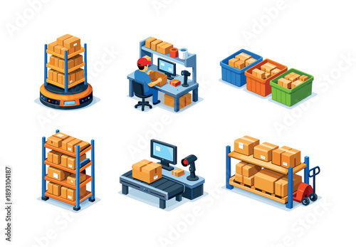 Fulfillment Center Icons. Fulfillment center. Isometric flat vector icons set of fulfillment center: automated shelf robot, pick and pack station, sorted