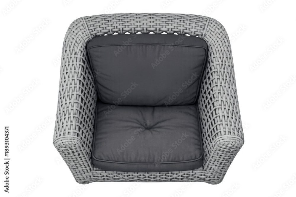 Fototapeta premium Rattan synthetic armchair with dark grey cushions, furniture for garden, deck, and balcony, overhead angle, cutout