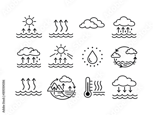 Water Cycle Icons. Water cycle evaporation. Line icon set of Water cycle evaporation: sun heating sea, vapor rising, cloud formation, evaporation to