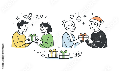 Seasonal Gift Exchange. Gift giving moment. A friendly scene of people exchanging small presents in a relaxed, seasonal setting. The illustration suggests
