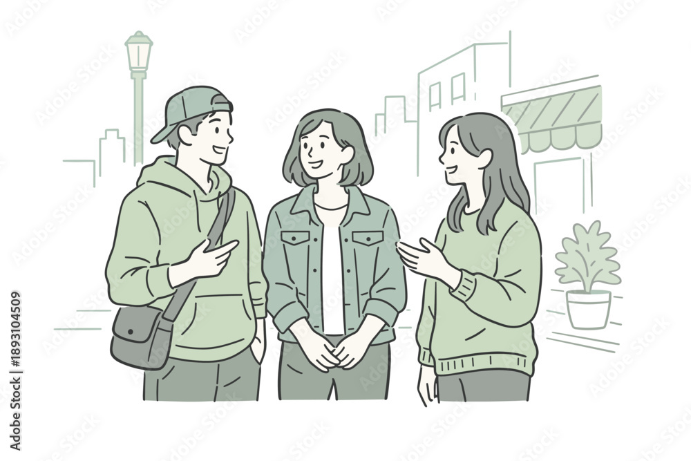 Obraz premium Close friends exploring city streets, standing comfortably and chatting with gentle gestures and calm