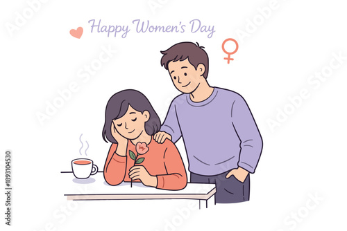  Couple marking Women’s Day in a quiet everyday setting, man offering attention and support while standing beside