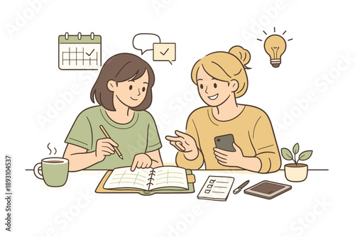 Two women sharing equal roles in everyday life, sitting together and calmly organizing daily tasks with