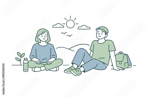 Image Generation. Two people taking a peaceful fresh air break, gentle body language and unhurried presence suggesting ease and