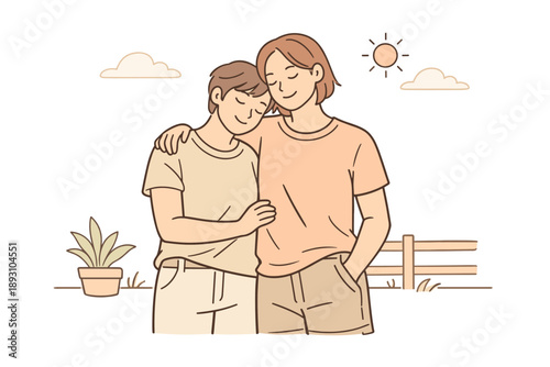 Image Generation. Partners spending time together in warm daylight, standing close and sharing a peaceful moment with easy body