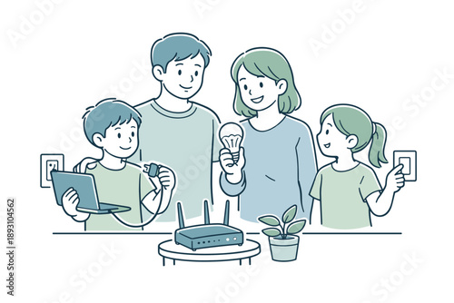 Family practicing energy saving habits at home, standing close and sharing simple actions like unplugging