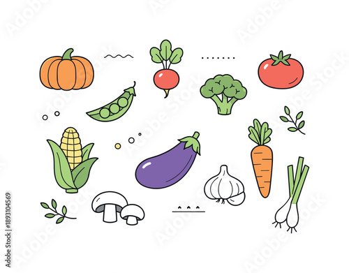 Seasonal Vegetable Layout. Minimal seasonal vegetables layout. Top view of vegetables spaced evenly with plenty of white space, gentle color
