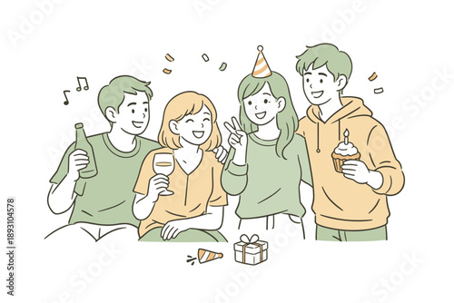 Close friends sharing a light festive moment, seated or standing side by side with warm smiles and gentle