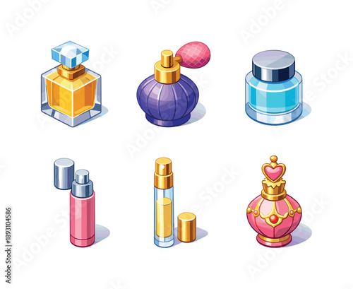 Isometric Perfume Collection. Fragrance. Isometric flat vector icons set of fragrance: luxury perfume bottle, vintage perfume bottle, modern perfume bottle,