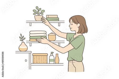 Woman organizing shelves in a tidy home setting, gentle hand movements and calm body language suggesting mindful