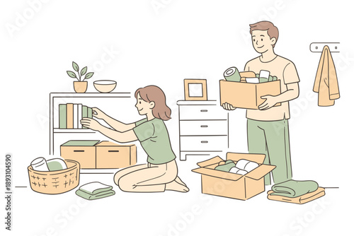 Partners organizing and decluttering their apartment, one holding a box while the other places items neatly with