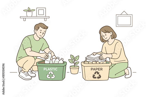 Partners practicing recycling at home, gently placing bottles and paper into separate containers with