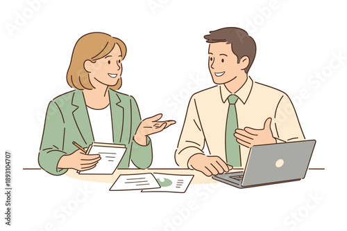 Colleagues getting ready for a business presentation, seated side by side and discussing key points with gentle