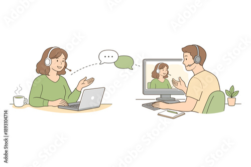 Remote teammates collaborating from home, two people focused on screens with gentle gestures and calm