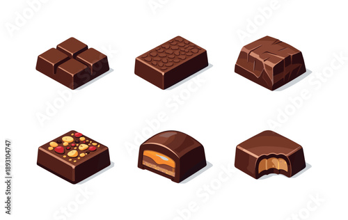 Craft Chocolate Icons. Craft Chocolate. Isometric flat vector icons set of Craft Chocolate: small batch chocolate piece, textured cocoa chocolate, hand-cut