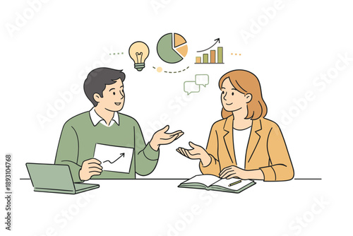 Two colleagues aligning on economic strategy, seated side by side and gesturing gently while reviewing abstract