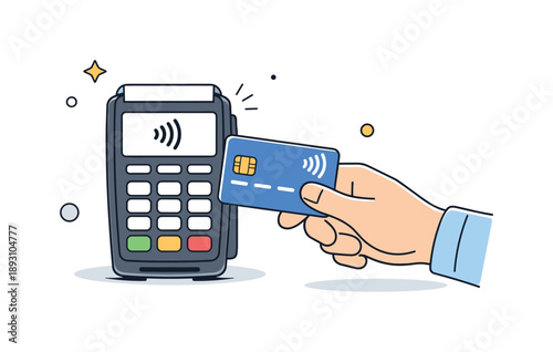 Contactless Payment. Credit card payment terminal. Customer tapping a card on a payment terminal, quick and contactless transaction. Clean retail scene with