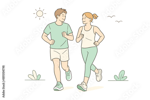 Partners starting the day with a light run, steady pace and easy body language capturing motivation, balance,