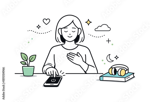 Mindful Smartphone Break. Mindful disconnection. A character intentionally turning off or putting away a smartphone. Conscious choice and emotional relief