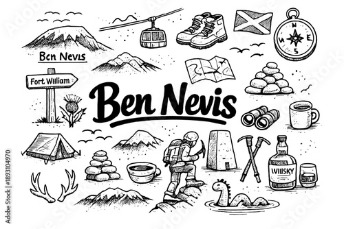 Ben Nevis hand drawn doodle elements set, center hand-lettered title, black & white vector line art, bold clean