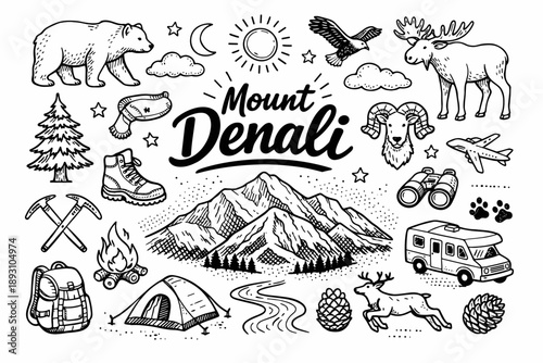 Mount Denali hand drawn doodle elements set, center hand-lettered title, black & white vector line art, bold