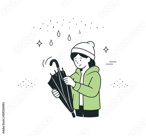 Closing Umbrella in Rain. Umbrella and rain elements. A person closing an umbrella as rain slowly stops, a few drops still falling, quiet transition and gentle