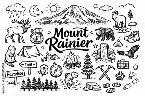 Mount Rainier Doodle Art. Mount Rainier hand drawn doodle elements set, center hand-lettered title, black & white vector line art,