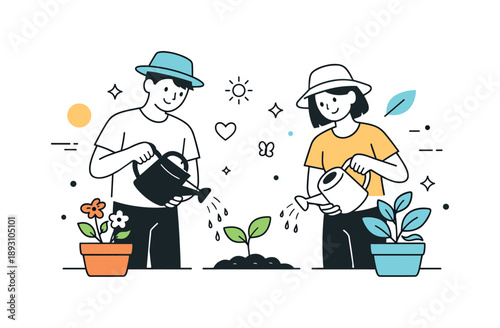 Collaborative Gardening Scene. Gardening together. People standing side by side watering plants, gentle collaboration and shared responsibility, abstract