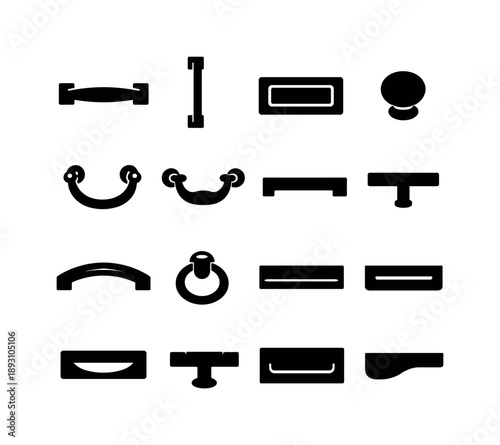 Drawer Handle Icons. Drawer Handle. Solid icon set of Drawer Handle: horizontal pull handle, vertical handle, recessed pull, knob handle, loop handle, vintage