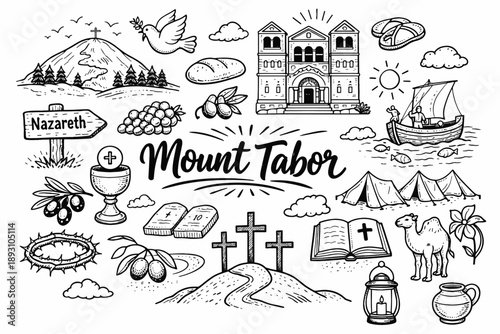 Mount Tabor Doodle Art. Mount Tabor hand drawn doodle elements set, center hand-lettered title, black & white vector line art,