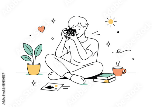 Artistic Photo Moment. Photography as self-expression. A calm editorial scene of a person capturing a meaningful moment with a camera. Emotional connection to