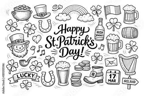 St Patrick’s Day celebration hand drawn doodle elements set, center hand-lettered title, black & white vector