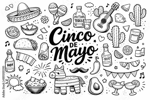 Cinco de Mayo hand drawn doodle elements set, center hand-lettered title, black & white vector line art, bold