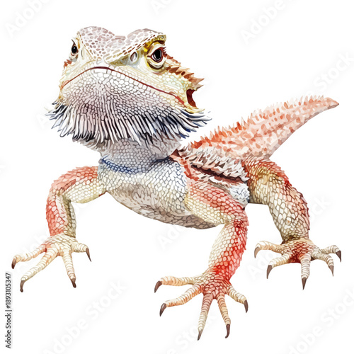 Bearded Dragon, watercolor painting with colorful accents, isolated on a white background.
