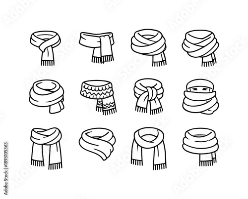 Winter Scarf Icons. Winter Scarf. Line icon set of Winter Scarf: wool scarf around neck, scarf with tassels, thick winter scarf, layered scarf wrap, cozy cold