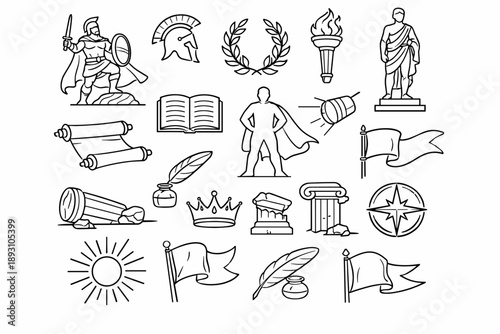Line style icons of legendary archetype: heroic pose, sword, shield, laurel crown, helmet, flowing cape, torch,