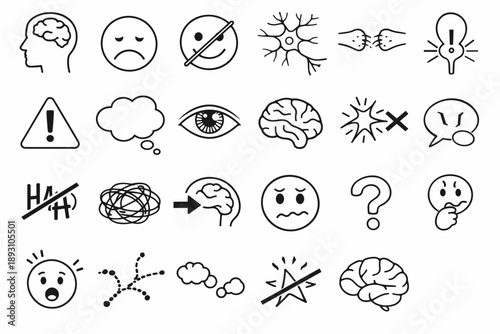 Image Generation. Line style icons of humor deficit due to brain lesions: head silhouette, brain outline, frowning face,