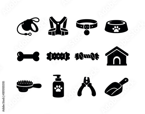 Dog Accessories Icons. Dog accessories. Solid icon set of dog accessories: leash, harness, collar, dog bowl, bone toy, chew toy, rope toy, kennel, grooming