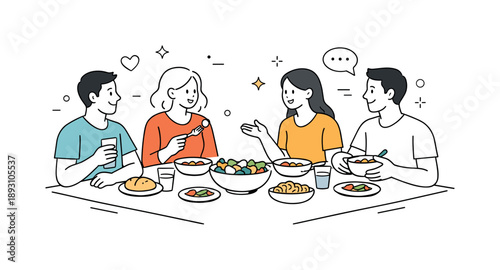 Communal Meal Gathering. Eating together. Group of people sitting around a table sharing a meal, calm gestures and friendly conversation. Feeling of