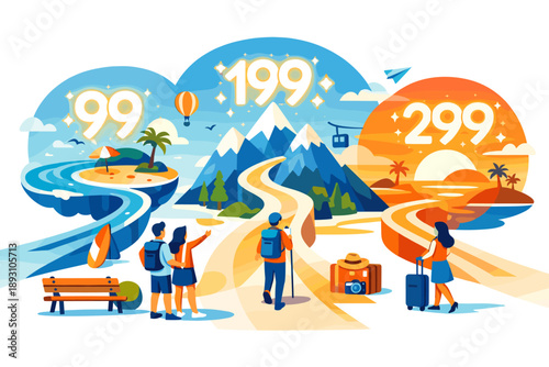 Sunlit city square transformed into a travel hub as paths lead toward floating beaches, mountains, and warm