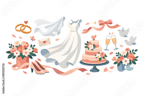 Graceful Wedding Prep. Fresh spring morning scene shows wedding details coming together as fabrics float softly and floral