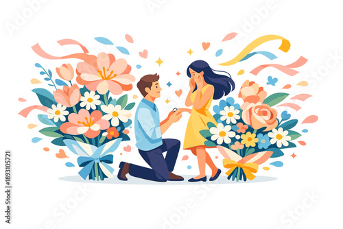 Image Generation. Fresh spring morning scene shows an engagement reveal as bouquets bloom instantly around the couple, surreal
