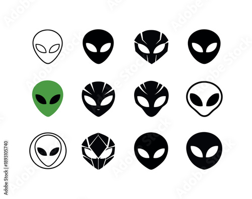 Alien Logo Variations. Aliens. Icon set. Set Logo of aliens: classic alien head. harmonious logo variations of the same emblematic concept, each with different