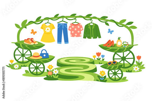 Spring meadow styled as a sustainable runway where garments hang from vines and accessories balance on leaves