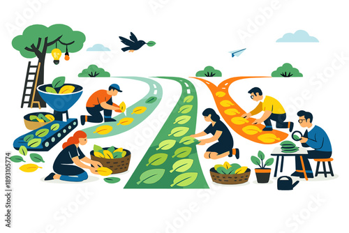 Spring courtyard scene filled with gentle motion as figures sort ideas shaped like leaves into clean pathways