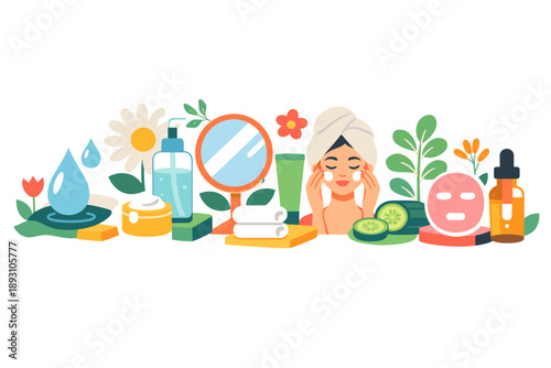 Spring garden transformed into a beauty routine scene where droplets, mirrors, and plants align like steps in a