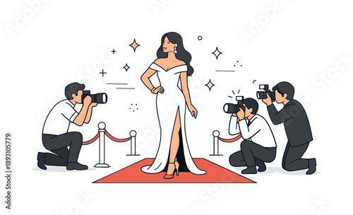 Stylish Red Carpet Moment. A movie star on the red carpet, posing for photographers fashion detail. A clean editorial scene highlighting an elegant gown or